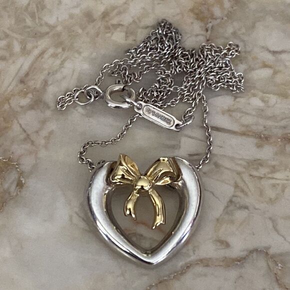 Tiffany & Co. 18K Gold & Sterling Silver Heart & Bow Ribbon Necklace - Picture 2 of 10